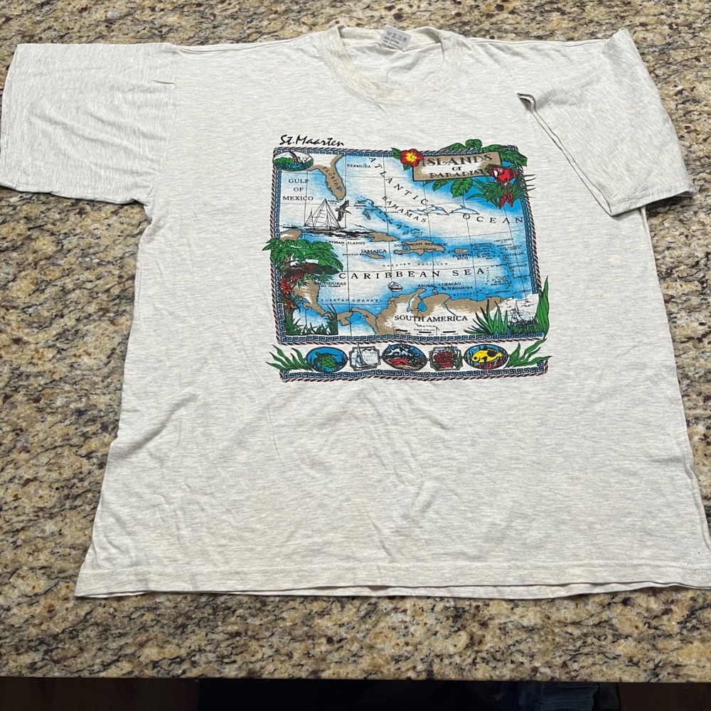 Caribbean Ts St Maarten Islands of Paradise Map T-Shirt Mens 4XL Grey Souvenir